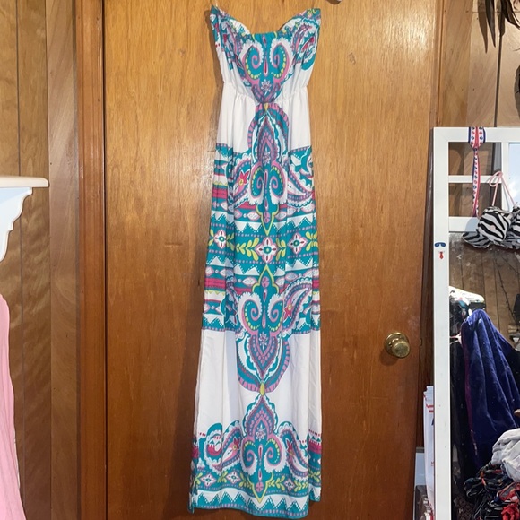 •PINK OWL•NWOB BOUTIQUE WHITE & TEAL STRAPLESS PAISLEY MAXI DRESS SIZE SMALL - Picture 8 of 8